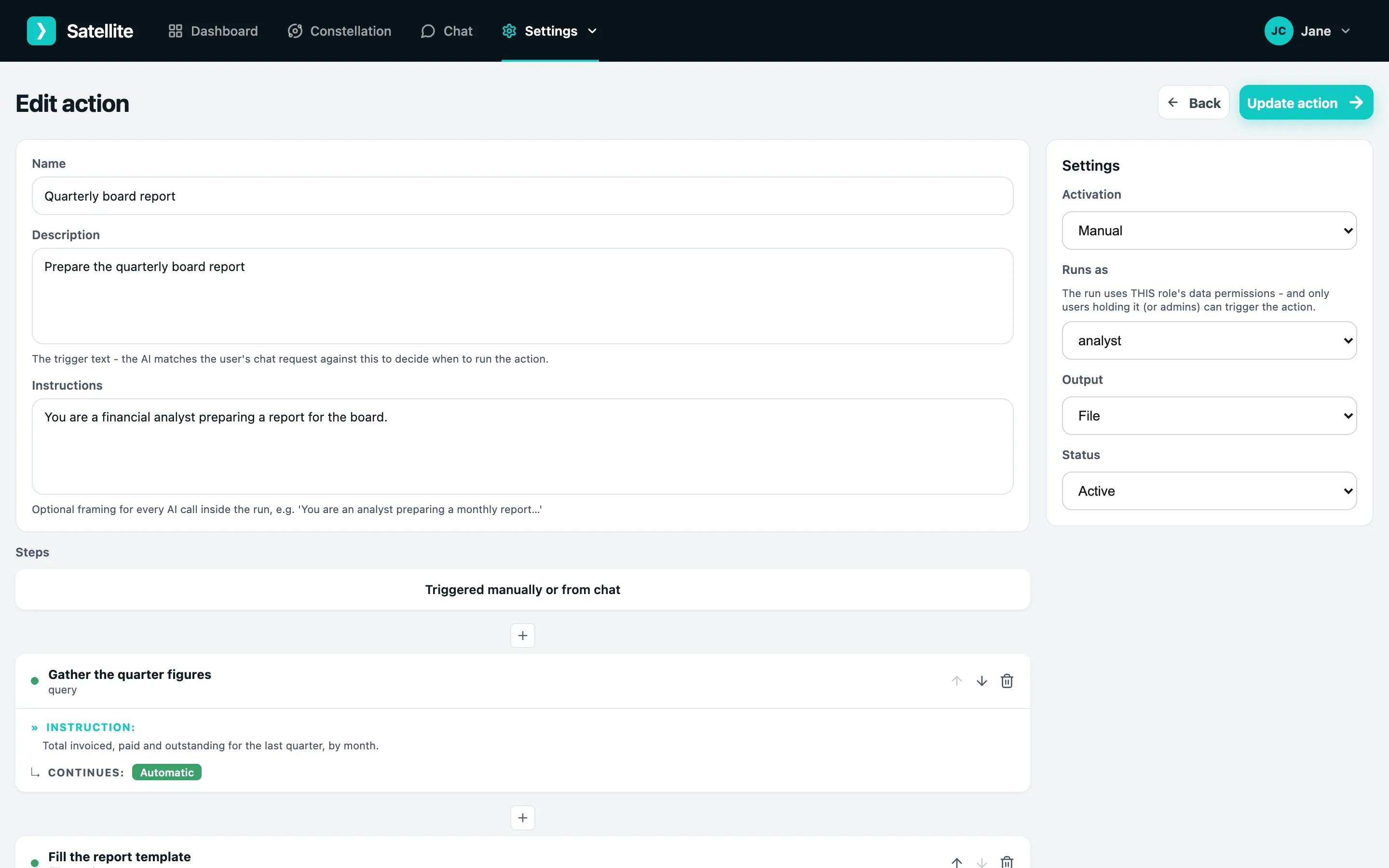 The action editor with the details card, steps, and the Settings card
