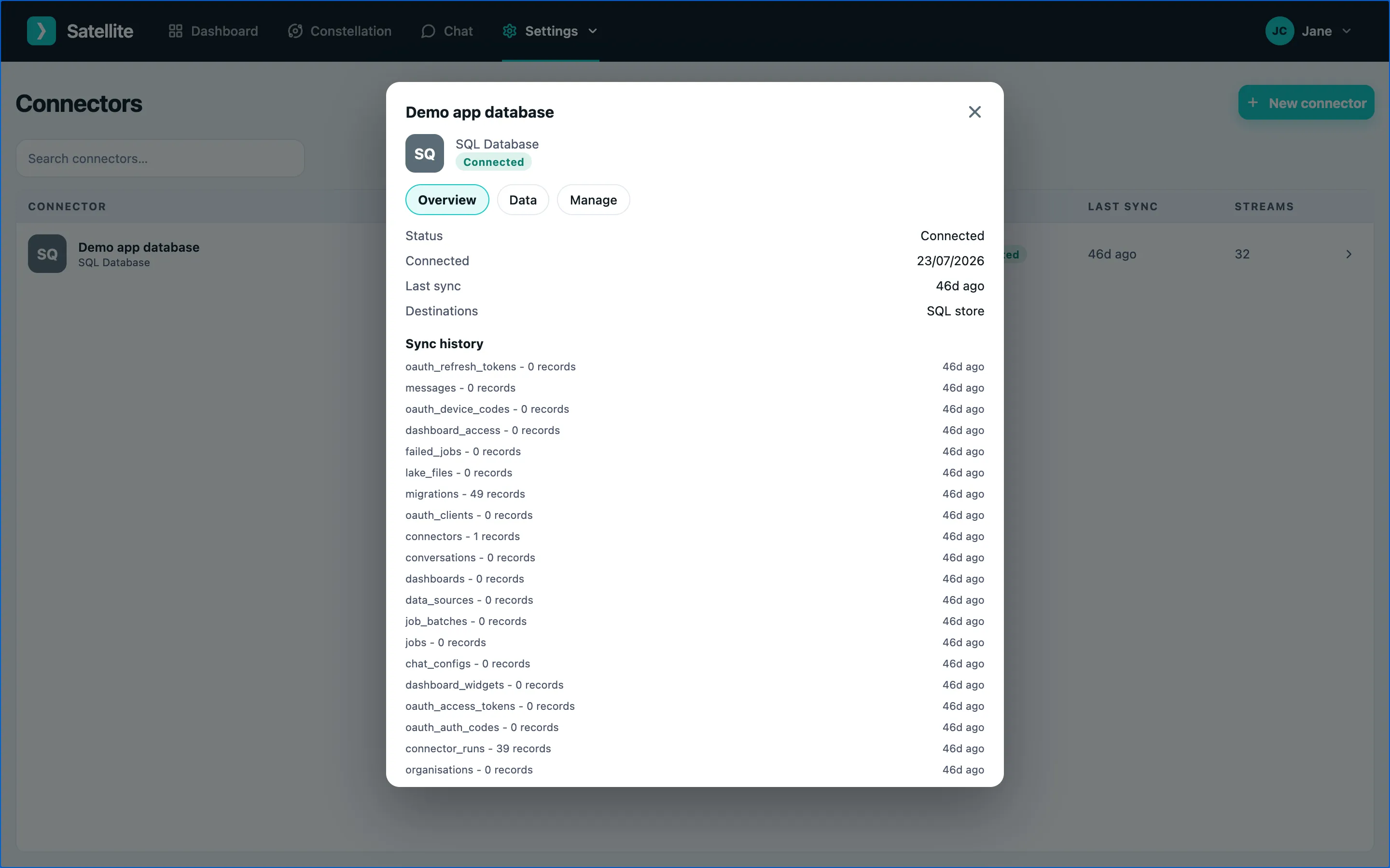 A connector’s detail view with the Overview, Data and Manage tabs