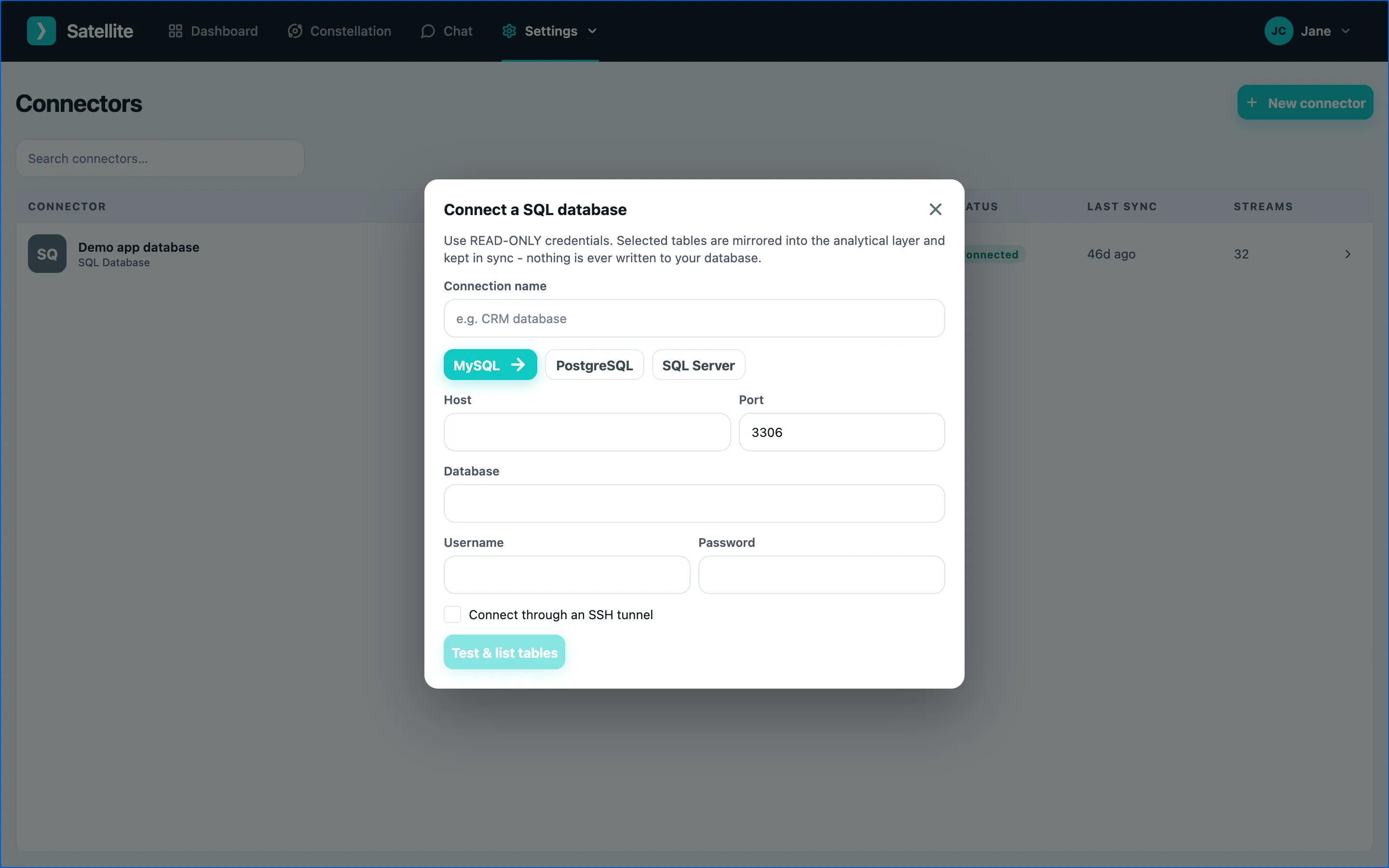 The SQL Database connector form with the table picker