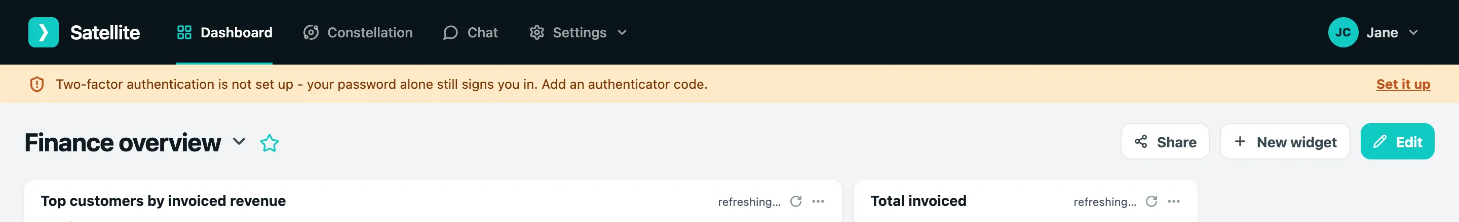 The two-factor reminder banner across the top of the app