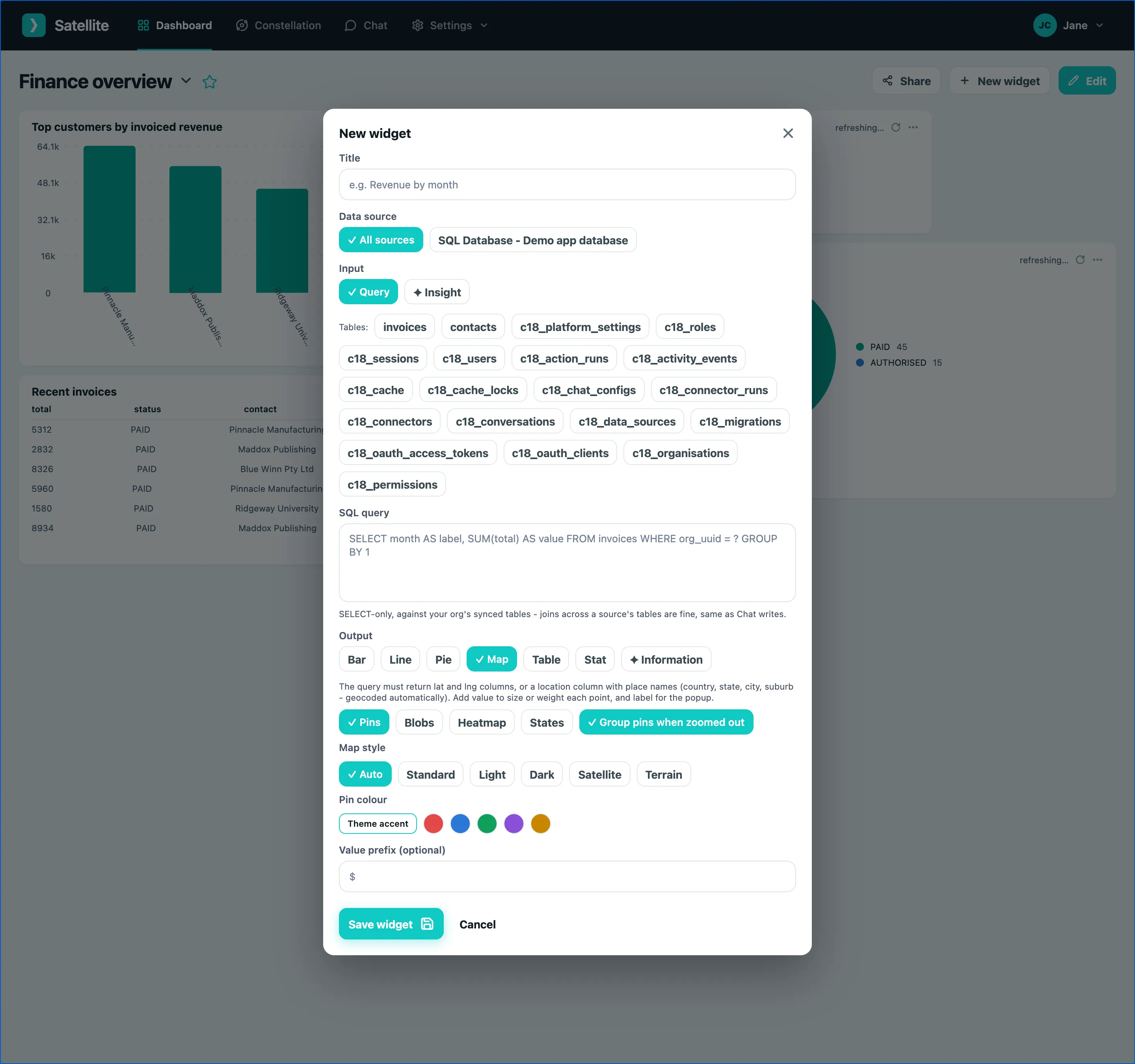 The widget editor for a map showing the mode, style and colour options
